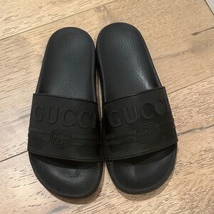 Gucci Black Embossed Slide Sandals WITH BOX AND DUST BAG